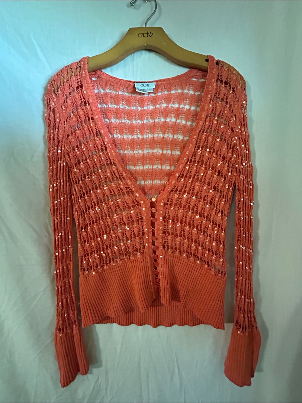 Studio Y Coral Open-Knit Sequin Button-Front Cardigan